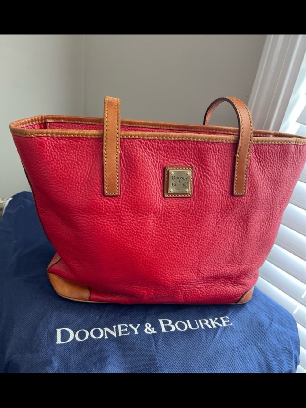 Dooney & Bourke Red Leather Tote with Brown Trim